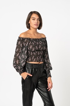 Sisters Point, Bluza crop cu decolteu pe umeri Nea, Negru/Roz/Verde Sisters Point, Bluza crop cu decolteu pe umeri Nea, Negru/Roz/Verde