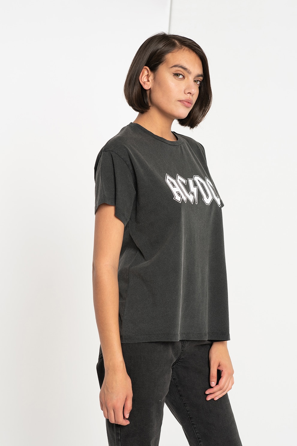 Sisters Point, Tricou cu imprimeu AC/DC Pein, Gri inchis/Alb