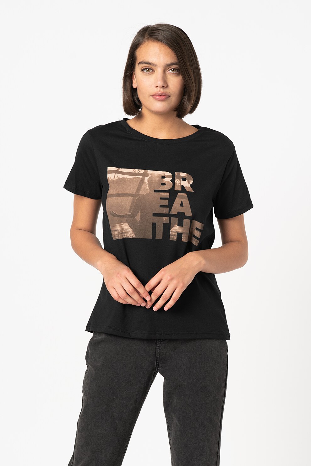 Sisters Point, Tricou cu imprimeu text Viaya, Negru/Maro