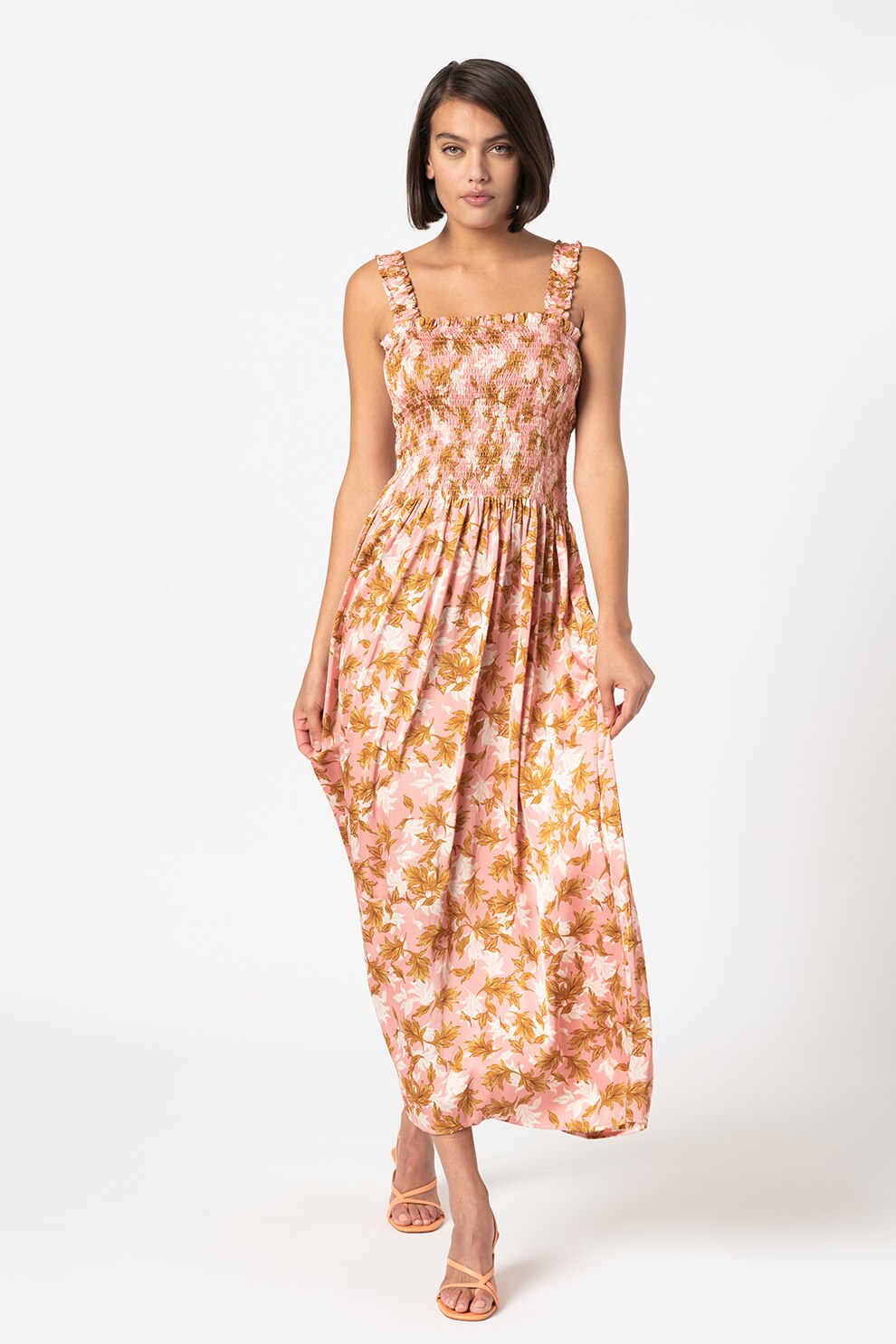 Sisters Point, Rochie cu model floral si decolteu patrat Esga, Roz/Alb