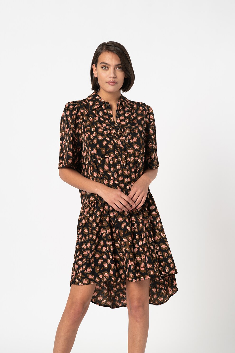 Sisters Point, Rochie-camasa cu buzunare pe piept Ista, Negru/maro/roz