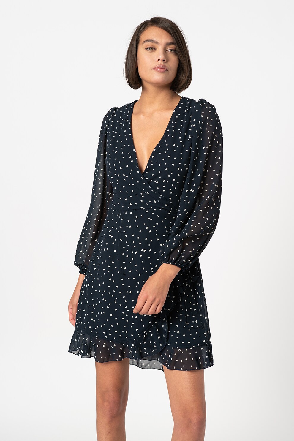 Sisters Point, Rochie mini cu decolteu in V Gras, Bleumarin/Alb