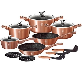Set oale si tigai marmorate (18 piese) din aluminiu forjat Rose Gold Line Berlinger Haus BH 7034 Set oale si tigai marmorate (18 piese) din aluminiu forjat Rose Gold Line Berlinger Haus BH 7034