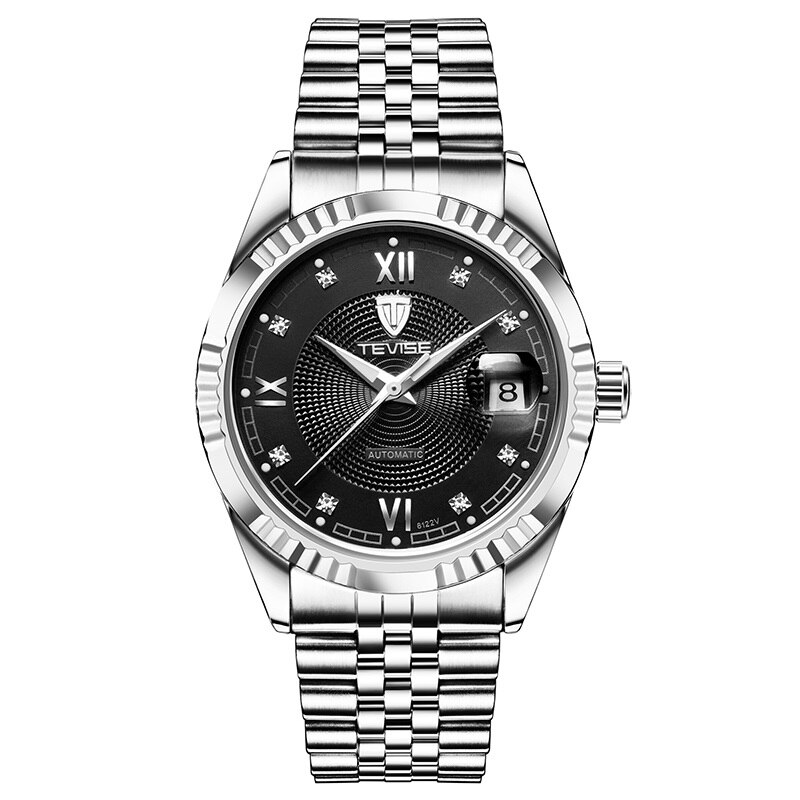Ceas barbatesc mecanic Tevise® 629-003, automatic, analog, rezistent la apa, calendar, indicatoare luminoase, lupa, curea metalica, cadran negru, argintiu