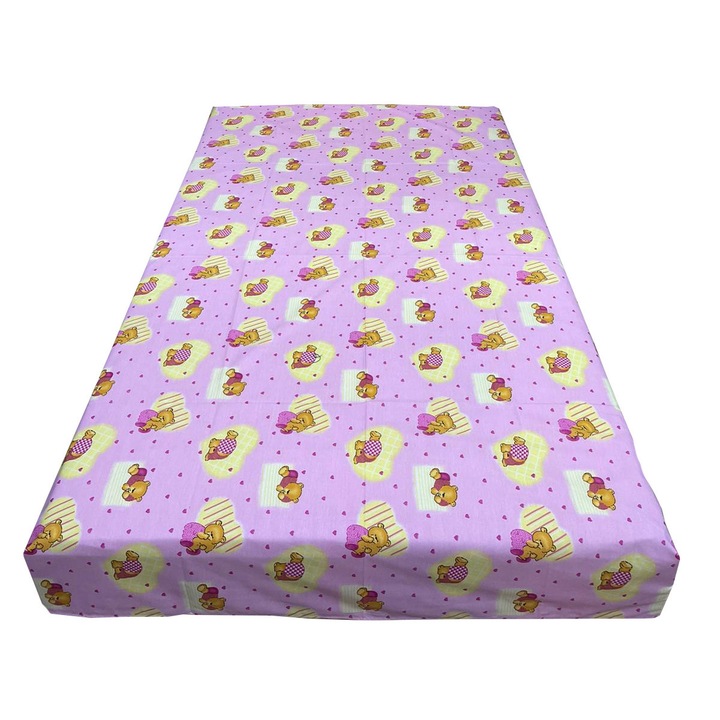 Cearceaf roz 210x215cm pentru pat mediu, pentru saltea 140-160cm, "Sleepy Bears" din bumbac 100% by Liz Line - C210160