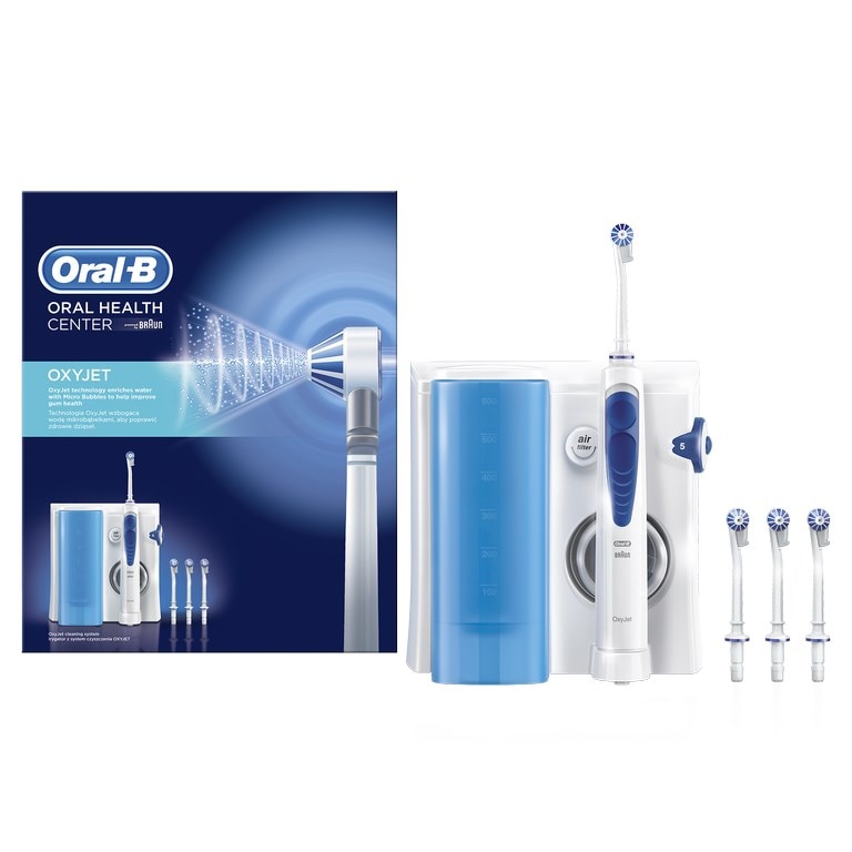 Irigator bucal Oral B. 5 trepte de intensitate. 4 capete intradentare. 600 ml. Alb