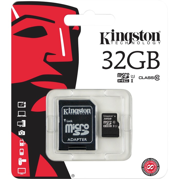 Card de memorie Kingston MicroSDHC, 32GB, Class 10 + Adaptor