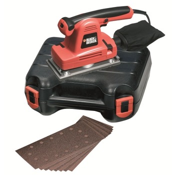Slefuitor cu vibratii Black & Decker 310 W, 115 x 280 mm, 10000 RPM KA274EKA + kitbox, 10 foi abrazive si saculet pentru praf Slefuitor cu vibratii Black & Decker 310 W, 115 x 280 mm, 10000 RPM KA274EKA + kitbox, 10 foi abrazive si saculet pentru praf