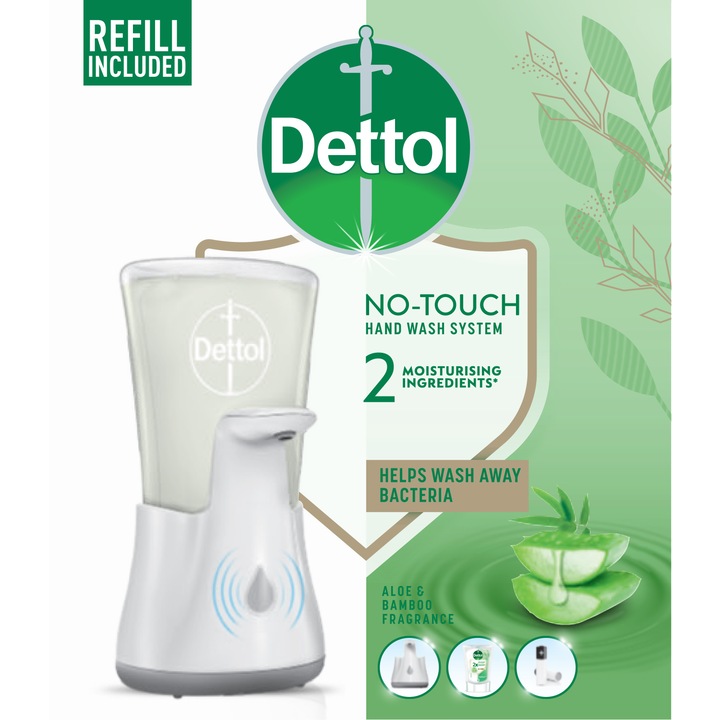 Dispenser de sapun cu senzor Dettol 28431351, Sapun lichid 250 ml, Aloe Vera
