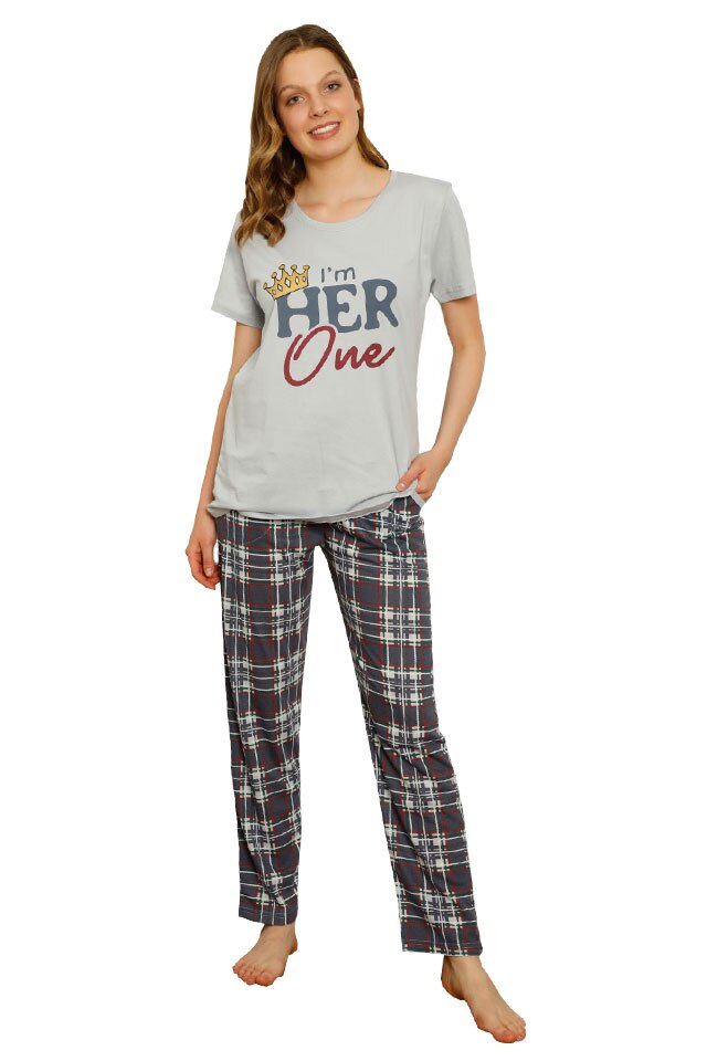 Pijamale dama Serena, maneca scurta, pantaloni lungi, imprimeu Her Only