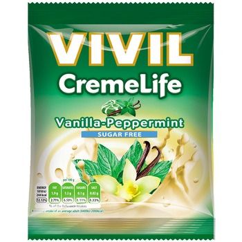 Bomboane cremoase cu aroma de vanilie si menta Vivil Creme Life, fara zahar, 60g Bomboane cremoase cu aroma de vanilie si menta Vivil Creme Life, fara zahar, 60g