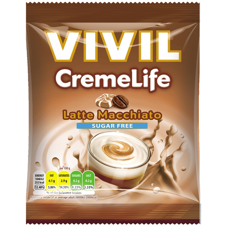 Bomboane cremoase cu aroma de latte macchiato Vivil Creme Life, fara zahar, 60g