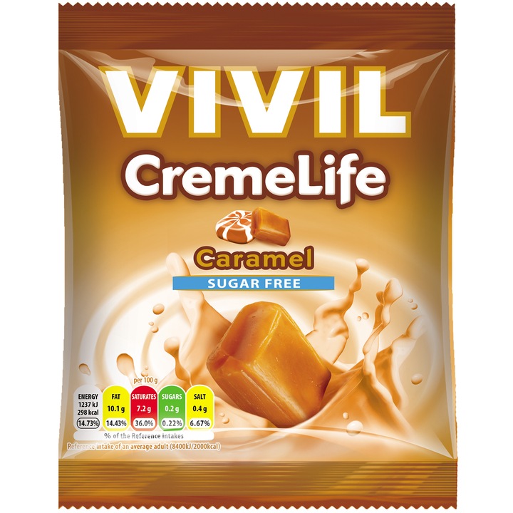 Bomboane cremoase cu aroma de caramel Vivil Creme Life, fara zahar, 60g