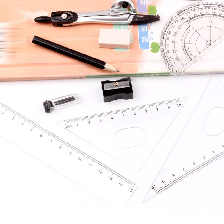 Trusa geometrie cu compas, GOGOU, papetarie, metal, desen geometric, examinare, argint