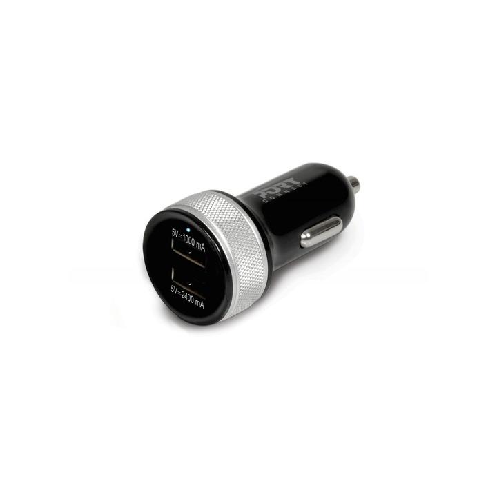 Port Designs gyors autós töltő, 12/24V, 2 x USB, Micro-USB kábel 1,2 m, fekete