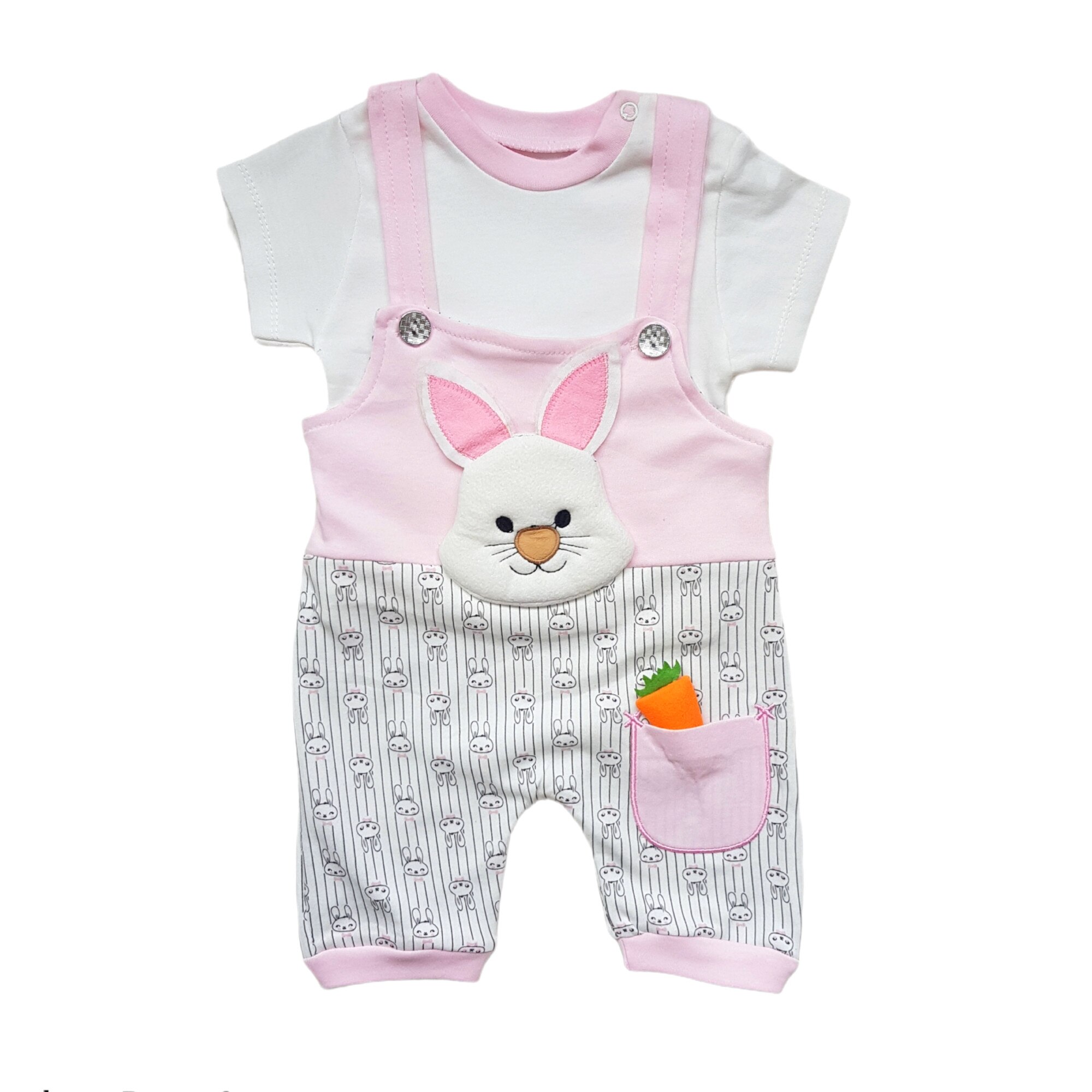 Salopeta cu tricou model iepuras din bumbac, Alb/Roz