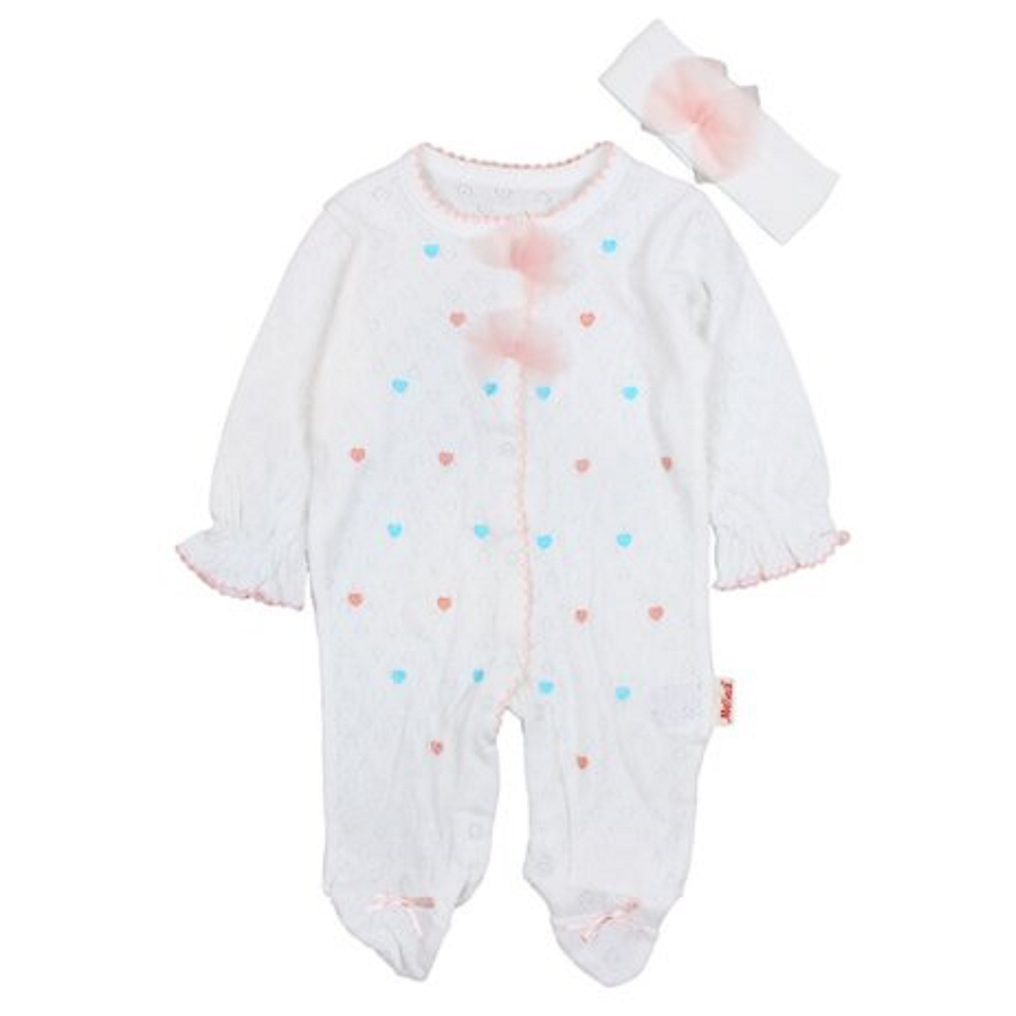 Salopeta cu broderie si bentita, inimioare, Alb imprimeu floral, 68 CM