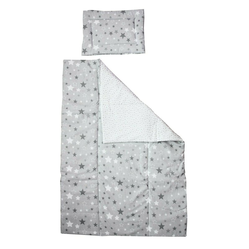 Lenjerie 2 piese, Prichindel, gri cu stelute si verso alb cu stelute gri,120x60cm