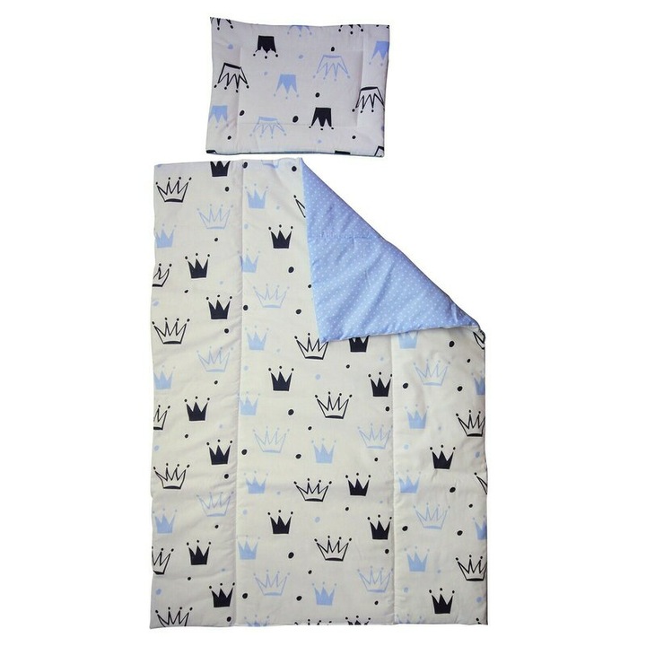 Lenjerie 2 piese, Prichindel, coronite si buline, albastru,120x60cm