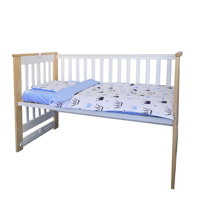 Lenjerie 3 piese, Prichindel, coronite si buline, albastru,120x60cm