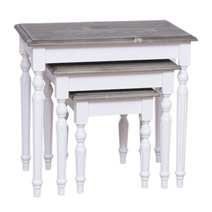 Set 3 mese cafea, culoare top gri, culoare corp alb, dublu color, 100% lemn masiv, 60x60x40 cm