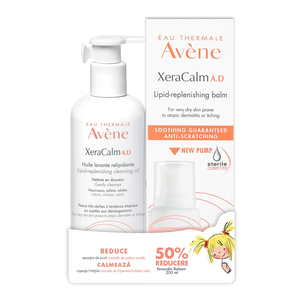 Pachet Avene XeraCalm pentru Piele cu Iritatii si Pruurit Cauzate de Uscaciune, Ulei de Curatare 400 ml si Balsam relipidant 200 ml