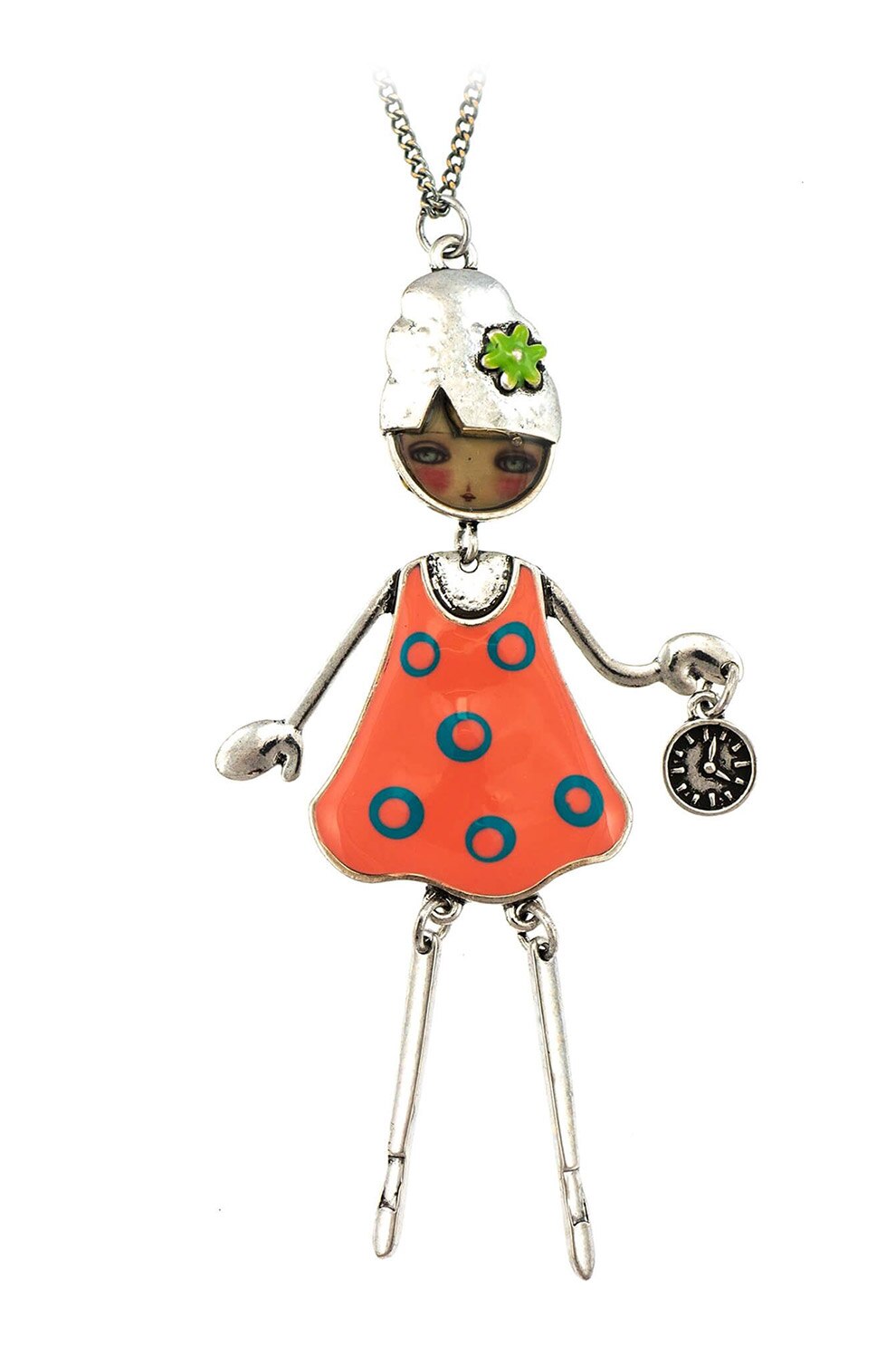 Roxannes - Bambole Milanesi, Colier cu pandantiv in forma de papusa, Oranj/Argintiu