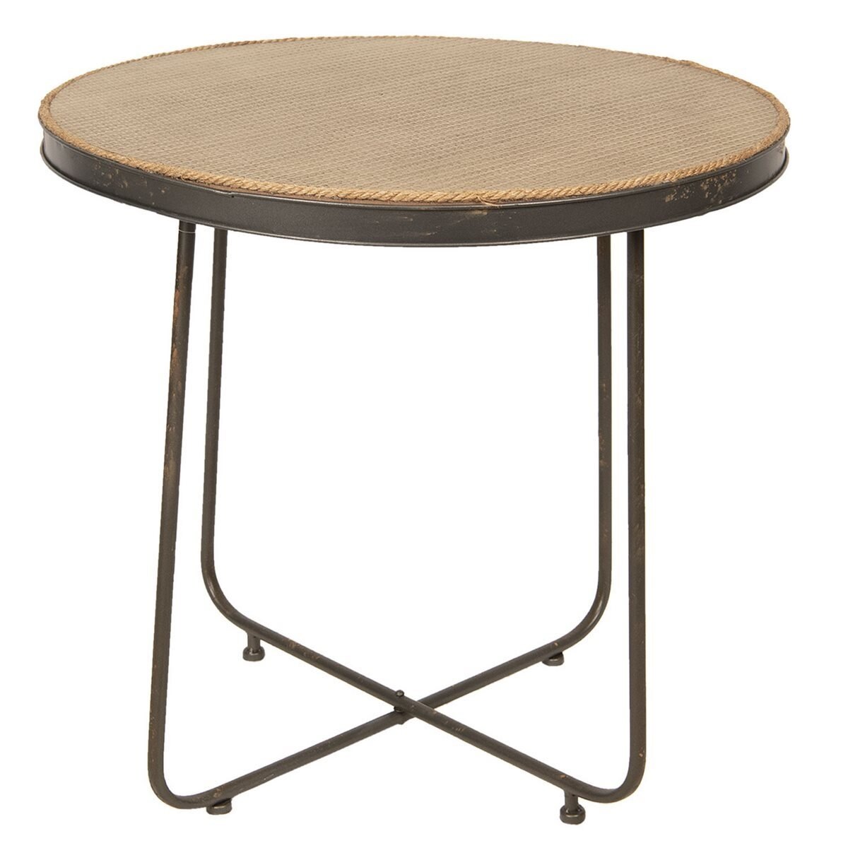 Masuta de cafea din fier maro antichizat si blat textil natur Ø 61 cm x 56 h