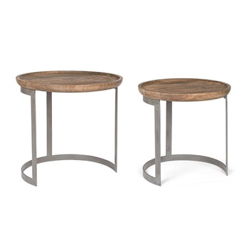 Set 2 masute din fier gri si blat lemn mango maro Narvik Ø 53 cm x 51 h; Ø 43 cm x 43 h Set 2 masute din fier gri si blat lemn mango maro Narvik Ø 53 cm x 51 h; Ø 43 cm x 43 h