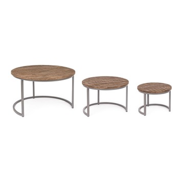 Set 3 masute din fier gri si blat lemn mango maro Narvik Ø 78 cm x 47 h Set 3 masute din fier gri si blat lemn mango maro Narvik Ø 78 cm x 47 h