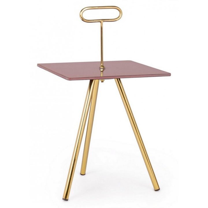 Masuta cafea cu blat sticla roz picioare fier auriu Inesh 35 cm x 35 cm x 63 h