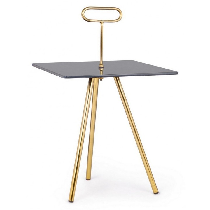 Masuta cafea cu blat sticla gri picioare fier auriu Inesh 40 cm x 40 cm x 67 h