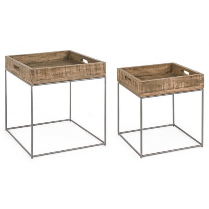 Set 2 masute cafea blat lemn natur model tava picioare fier gri Narvik 34 cm x 37 cm x 42 h; 47 cm x 47 cm x 50 h