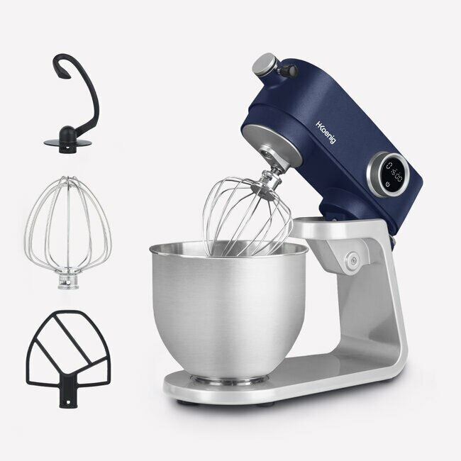 Mixer multifunctional de bucatarie H.Koenig, KM126, ideal pentru framantarea aluatului, capacitate mare, 5 L, brat ajustabil, 8 viteze, afisaj digital, timer, accesorii incluse, argintiu/albastru mat