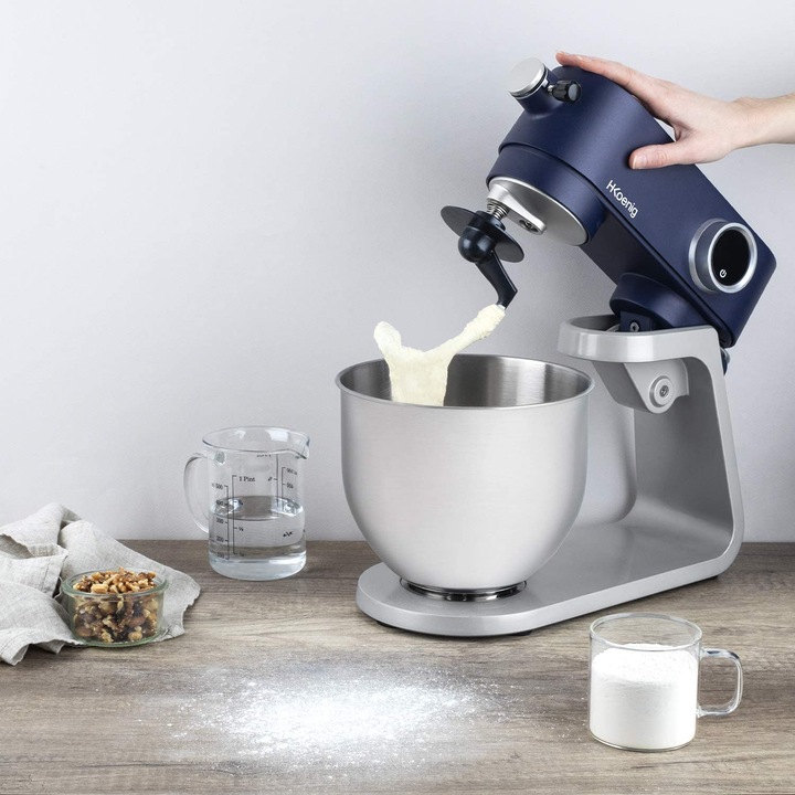 Mixer multifunctional de bucatarie H.Koenig, KM126, cu bol ideal pentru framantarea aluatului, capacitate mare, 5 L, brat ajustabil, 8 viteze, afisaj digital, timer, accesorii incluse, argintiu/albastru mat