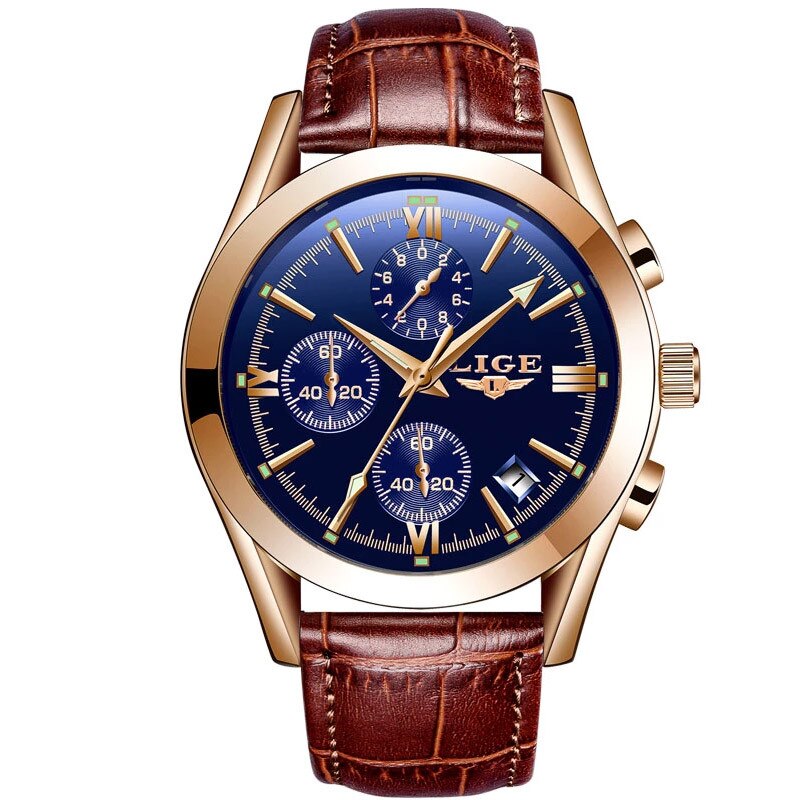 Ceas barbatesc Lige, Cronograf Q9577-V1, Maro/Auriu, Piele ecologica, 42 mm