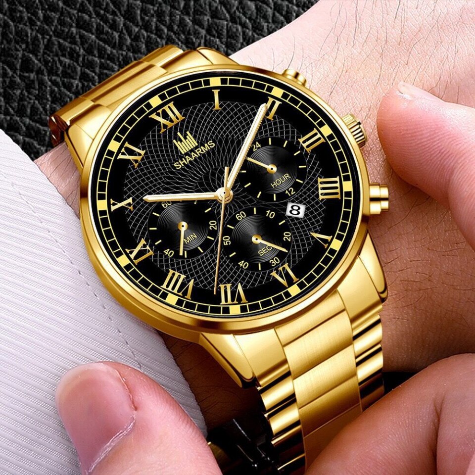 Ceas barbatesc Quartz, Fashion Q9552-V1, Auriu/Negru,Aliaj, 42 mm