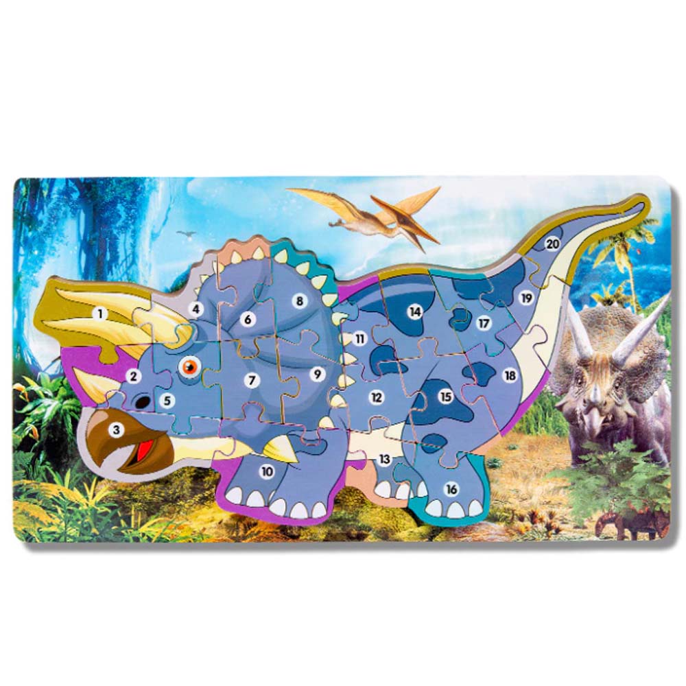 Joc Educativ, Puzzle 3D din lemn incastru – Prehistoric Dinosaurs cu cifre, 20 piese, WD9553-E RCO®