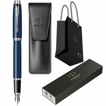 Set Parker Stilou IM Royal Matte Blue CT Personalizat prin Gravura Laser cu Etui Leather Black si Punga Set Parker Stilou IM Royal Matte Blue CT Personalizat prin Gravura Laser cu Etui Leather Black si Punga