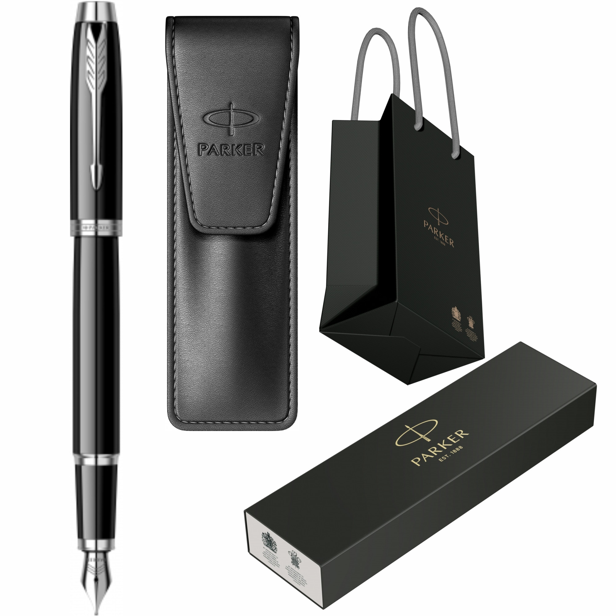 Set Parker Stilou IM Royal Black Lacquer CT Personalizat prin Gravura Laser cu Etui Leather Black si Punga