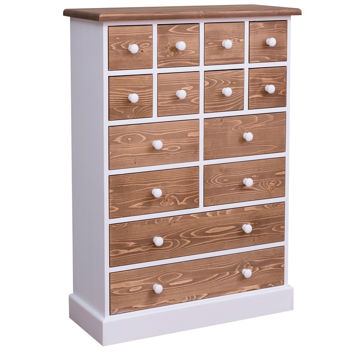 Comoda Szel-Mob cu 14 sertare, culoare top natural, culoare corp alb, culoare sertare natural, dublu color, 100% lemn masiv, 87x36x122 cm