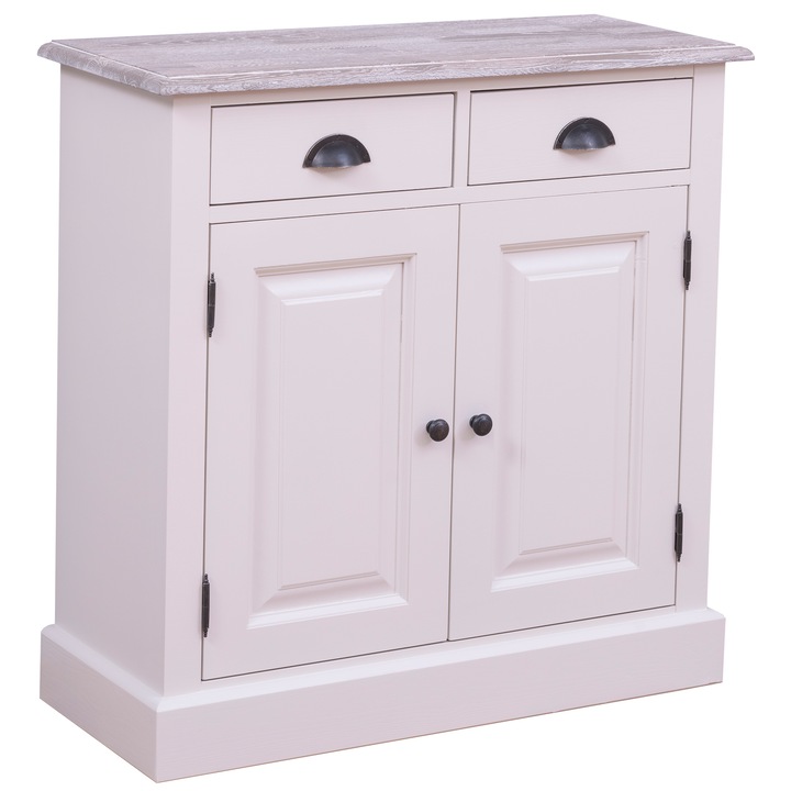 Dulap Szel-Mob cu 2 usi si 2 sertare, blat stejar, culoare top gri, culoare corp crem, dublu color, 100% lemn masiv, 85x35x85 cm