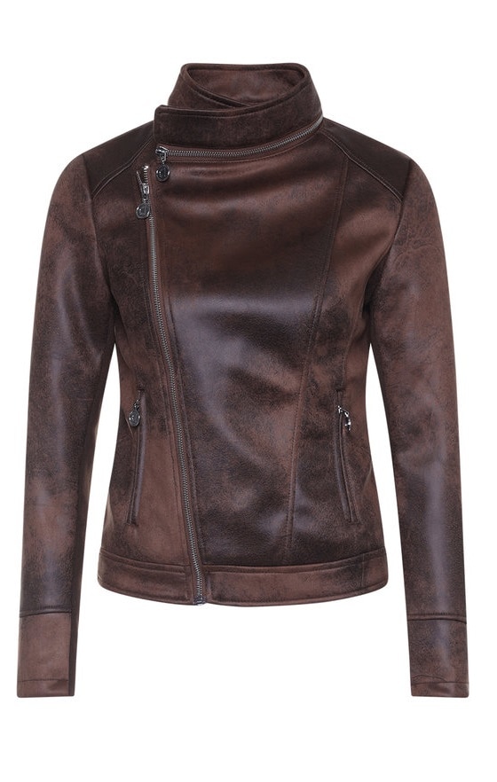 Geaca din piele ecologica, Desigual, Slim fit, cu broderie pe spate, Maro
