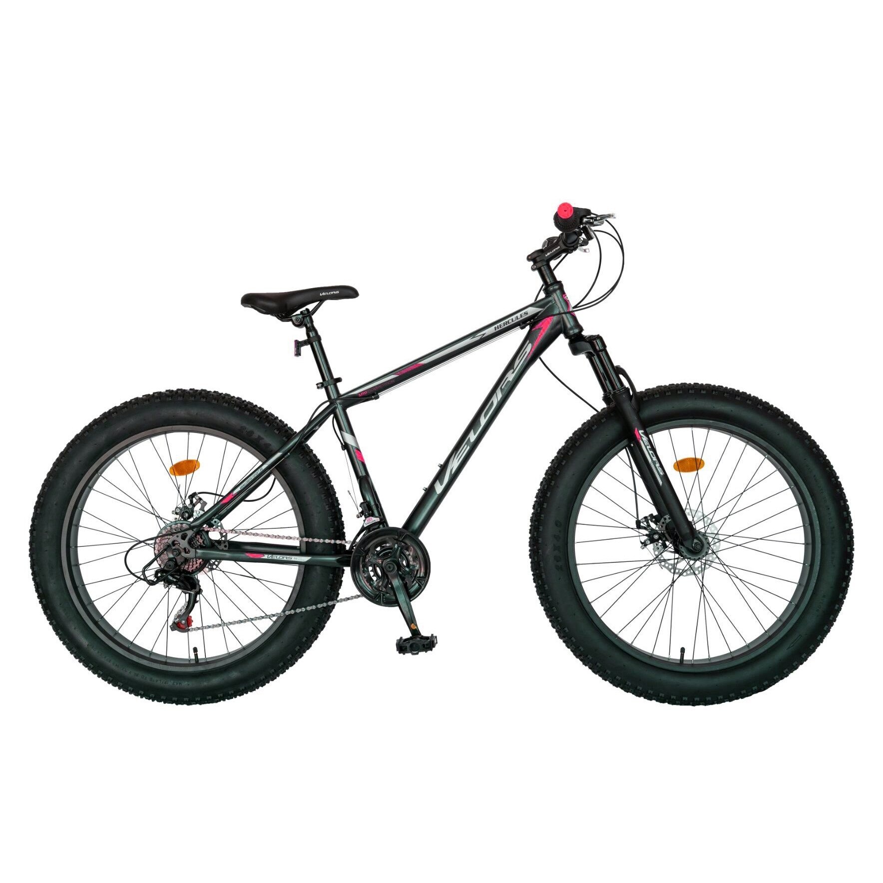 Bicicleta Fat bike VELORS Hercules V2619B, Roti 26 Inch x 4.0 Profil Mountain Bike, Schimbator Shimano Tourney SIS, Cadru 457 mm, Culoare Gri matt/Rosu
