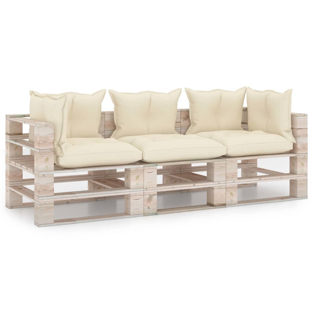 Canapea de gradina din paleti cu 3 locuri cu perne vidaXL, Lemn, 70 x 67.5 x 62 cm, Crem