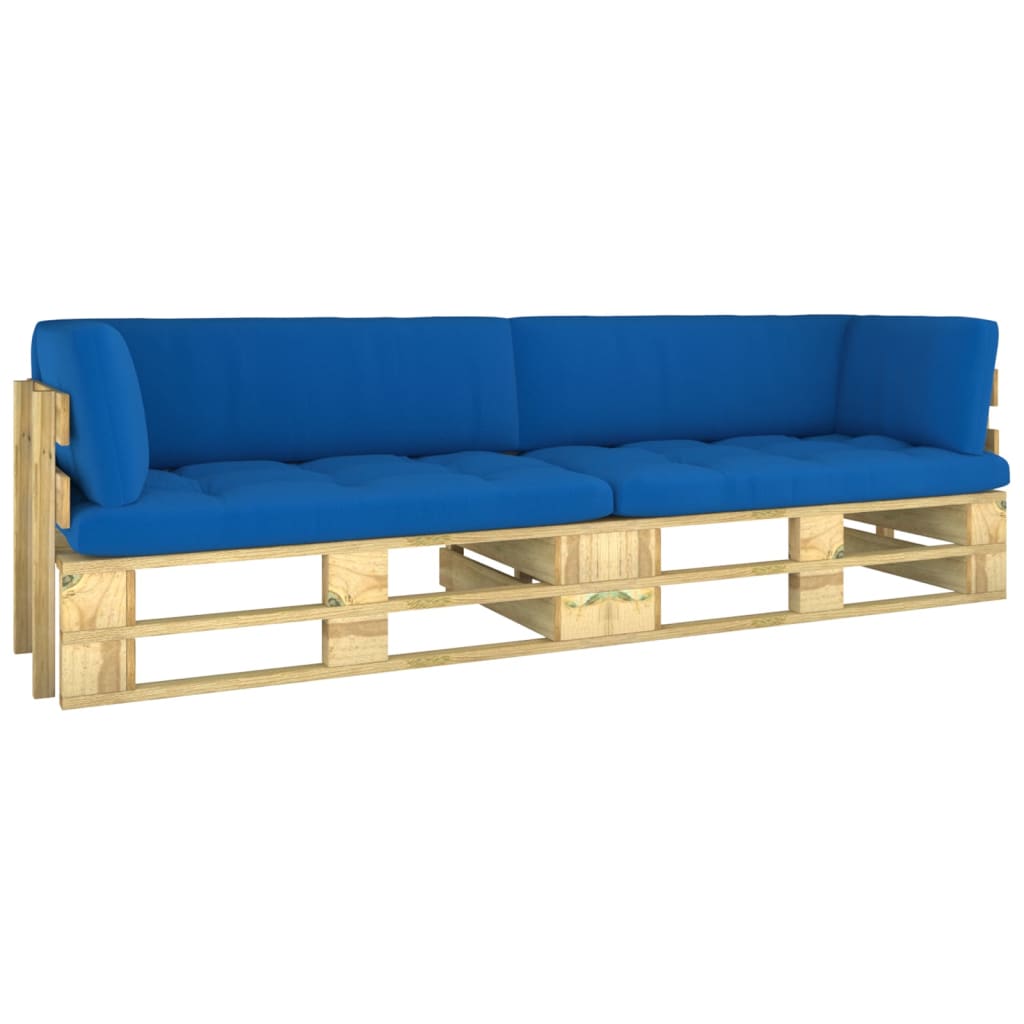 Canapea din paleti cu 2 locuri cu perne pentru gradina vidaXL, Lemn, 110 x 66 x 55 cm, perna 10 cm, Verde/Albastru