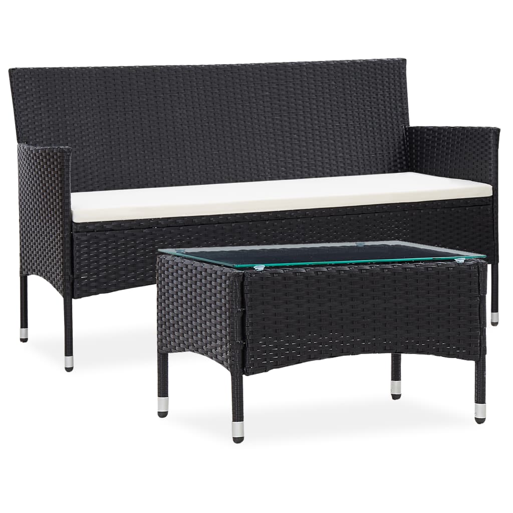 Set mobilier de gradina cu perna 2 piese canapea cu masa, vidaXL, Ratan-Sticla, Negru cu perna crem