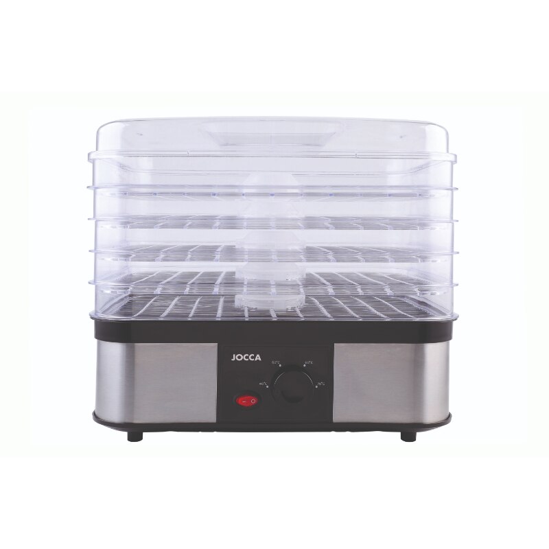 Deshidrator alimente Jocca, 33.4x26.3x28.7 cm, 250 W, 5 tavi detasabile, Reglare inaltime, Reglare temperatura, Alb