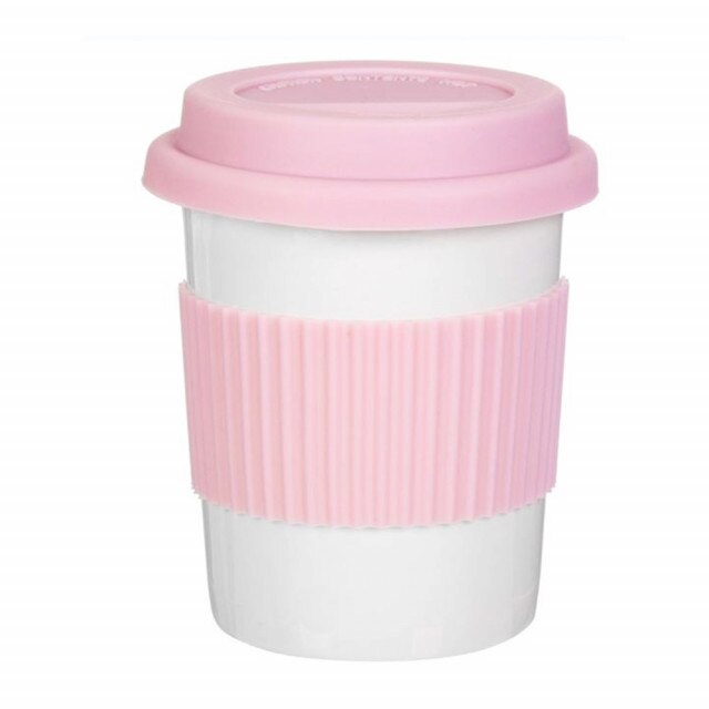 Cana Pufo pentru cafea cu capac si protectie termica din silicon, 300 ml, roz