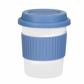 Cana Pufo pentru cafea cu capac si protectie termica din silicon, 300 ml, albastru